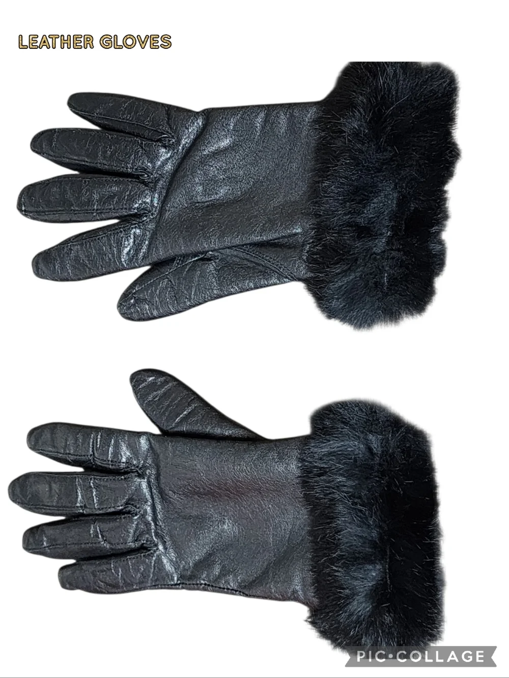 Gloves black leather with faux fur cuff trim soft elegant